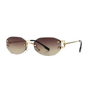 Men's Oval Luxury Gold Frame Brown Tint Hip Hop Round Rimless Summer Sunglasses